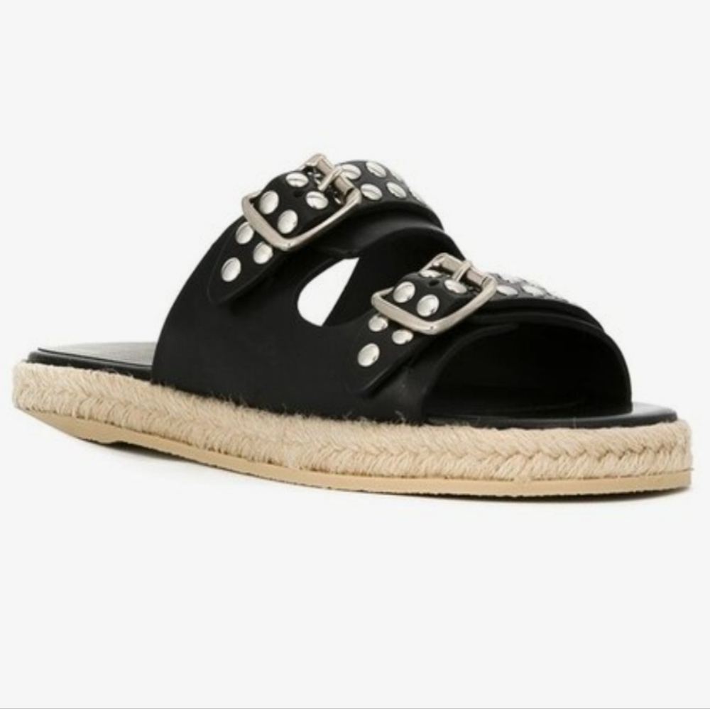 Sz 8-8.5 - SAINT LAURENT Black Leather Studded Espadrille Slide